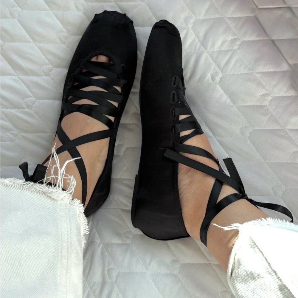 ZARA, Tied Satin Effect Fabric Ballet Flats, Laces Detail, Size 9US/40EUR - Picture 3 of 16